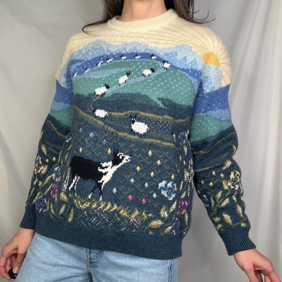 Vintage Wool Sheep Sweater Simply Splendid Pastoral Landscape Dog Scenic Scene M - Picture 12 of 12